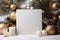 Christmas 3D Mockup with White and Gold Background, Spruce Twigs, Gift Box, and Ornaments