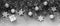 Christmas abstract border in black and white with a silver tone, fir branches decorated with balls and stars. Top view, flat lay