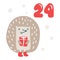 Christmas advent calendar with hand drawn element hedgehog with present. Day twenty four 24. Scandinavian style poster