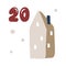 Christmas advent calendar with hand drawn house. Day twenty 20. Scandinavian style poster. Cute winter illustration for