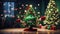 Christmas AI concept in a room with animated small lit tree with a grinch smiling face and hands against an illuminated bokeh