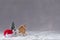 Christmas alarm clock, Santa Claus hat, small wooden toy cottage and fir-tree with balls, postcard concept