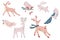 Christmas Animals. Deer, birds, bunnies. Hand drawn characters. Winter holiday season new year event. Vector Illustration