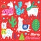 Christmas animals set with cute llamas, alpacas, trees and cactuses