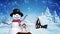 Christmas animation of hut and snowman in magical forest against snowflake background