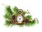 Christmas arrangement with clock, decorations and green pine twigs