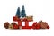 Christmas arrangement with red wooden slide, miniature Christmas trees, gift boxes, fir cones and tree bauble ornaments on white b