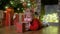 Christmas baby with garland, Christmas tree, gifts and balls