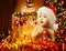 Christmas Baby Opening Present, Happy Kid Santa Hat, Xmas Gift