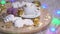 Christmas background 360 degree rotation. A cup of coffee with milk and marshmallows on wooden salver, other sweets and Christmas