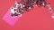 Christmas background 360 degree rotation. The open pink envelope with confetti in form of star spinning on red background.
