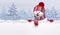 Christmas background, 3d cute happy snowman wearing knitted cap and scarf, holding blank banner. Cartoon character, funny toy
