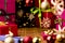 Christmas Background with Baubles, Bows and Boxes
