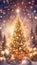 Christmas background with beautifully decorated Christmas tree with baubles, snowflakes, and lights, magic Christmas illustration