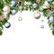 Christmas background with blue and silver balls, cones, fir branches, holly and mistletoe. Vector eps-10.