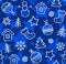 Christmas background with blue, white contour drawings, seamless, vector.