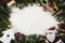 Christmas background with border, branches of spruce and sled, deer, Santa Claus. View from above