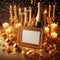 Christmas background with candles and golden decoration, with nice golden photo frame
