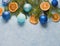 Christmas background with Christmas balls, Christmas tree and dried orange, top view