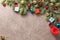 Christmas background with Christmas tree decorated colorful Christmas decorations. top view