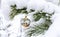 Christmas background with Christmas tree toy of sleeping cat on snow covered pine branch in winter forest, copy space