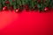 Christmas background concept. Top view of Christmas with spruce branches, pine cones, red berries