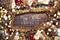 Christmas background with decorations, celebration balls on wooden board