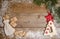 Christmas background with decorations, parcels, fir and snow on