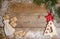 Christmas background with decorations, parcels, fir and snow