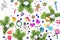 Christmas background with decorations. Santa, Christmas train with tree and sweets, snowman, reindeer and gifts on white