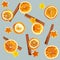 Christmas background of dried oranges, peel in the shape of a star and with cinnamon. Seamless background