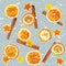 Christmas background of dried oranges, peel in the shape of a star and with cinnamon. Seamless background