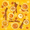 Christmas background of dried oranges, peel in the shape of a star and with cinnamon. Seamless background