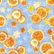 Christmas background of dried oranges, peel in the shape of a star and with cinnamon. Seamless background