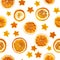 Christmas background of dried oranges, peel in the shape of a star. Seamless background