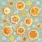 Christmas background of dried oranges, peel in the shape of a star. Seamless background