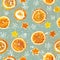 Christmas background of dried oranges, peel in the shape of a star. Seamless background