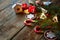Christmas background with electric garland lighting, sweets, decorations and gifts