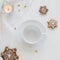 Christmas background with empty white cup and gingerbread