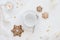 Christmas background with empty white cup and gingerbread