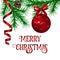 Christmas background with festive decoration. fir branch, cone, garland, metallic ribbon, christmas red ball