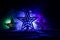 Christmas background with festive decoration, star on dark blue background with copyspace.