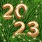 Christmas background with fir branches and number 2023. Realistic 3d design. Bright Christmas and New Year background