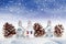 Christmas background with fir cones and little houses