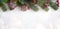 Christmas background with frosted fir tree, copy space and decor