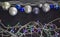 Christmas background, garland lights toys snowflakes snow glare night