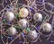 Christmas background, garland lights toys snowflakes snow glare night