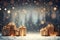 Christmas background with gift boxes wrapped with golden bows on blurred bokeh background