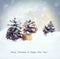 Christmas background with gift, fir tree cone, snowfall.