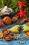 Christmas background with gingerbread cookies, fir wreath, dried